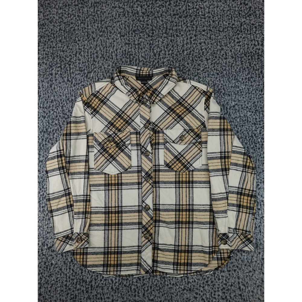 Sanctuary Plaid Flannel Shirt Womens L Tan Cotton Button Down XJ9174Z4R